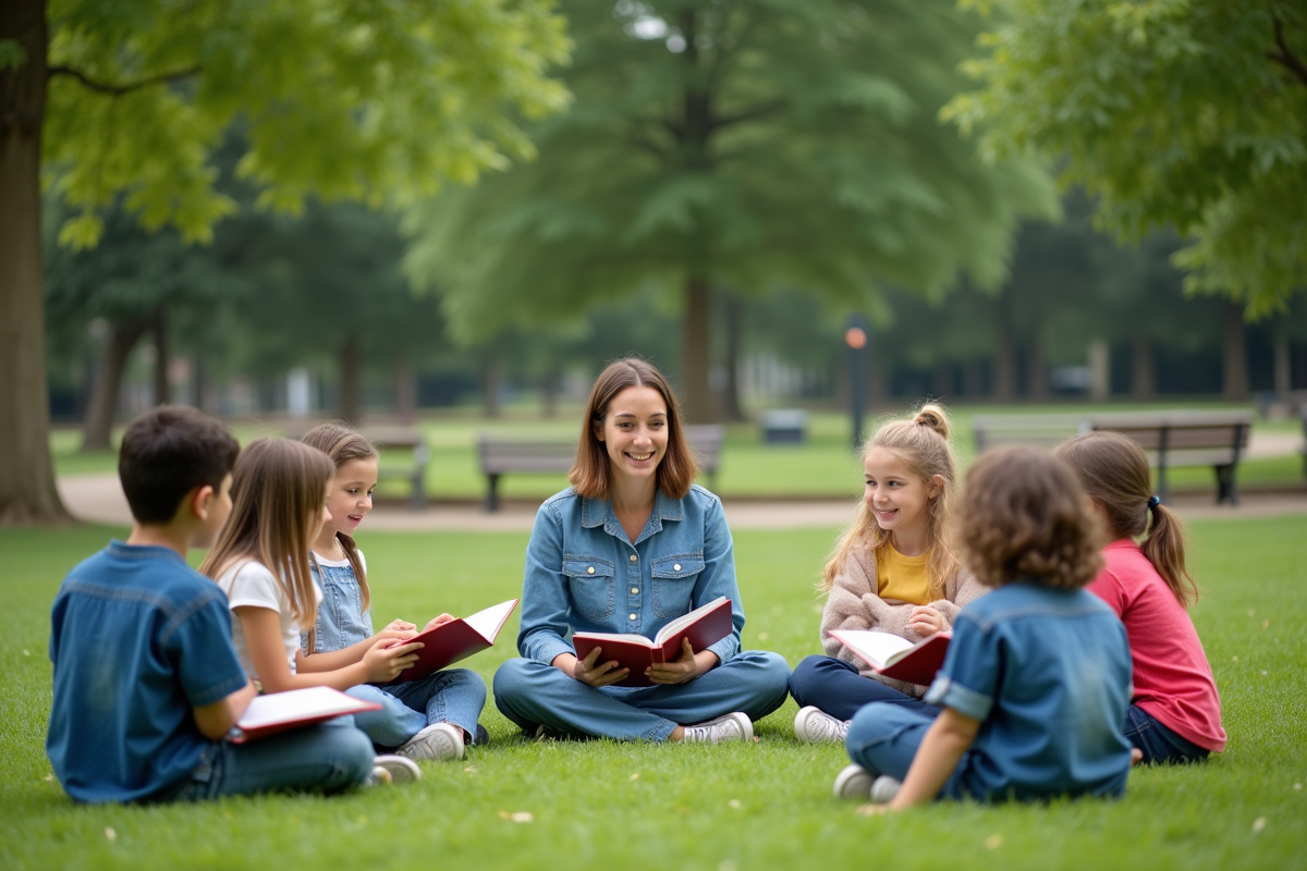 Enseignante et enfants lisant en plein air dans un parc verdoyant