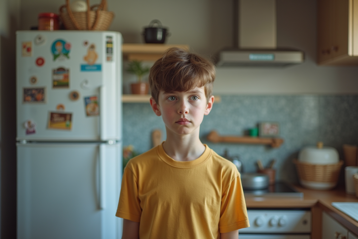 Adolescent devant le frigo avec regard interrogatif