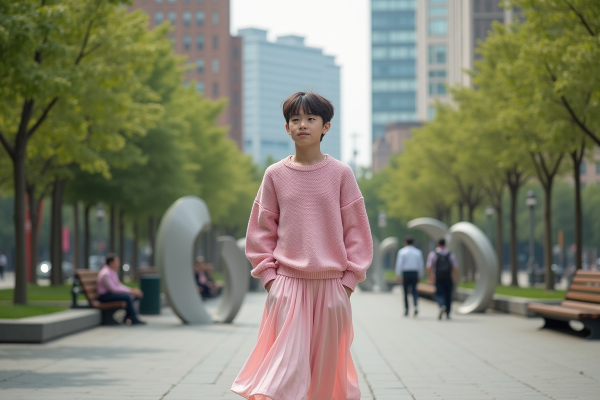 Adolescent en tenue pastel dans un parc urbain