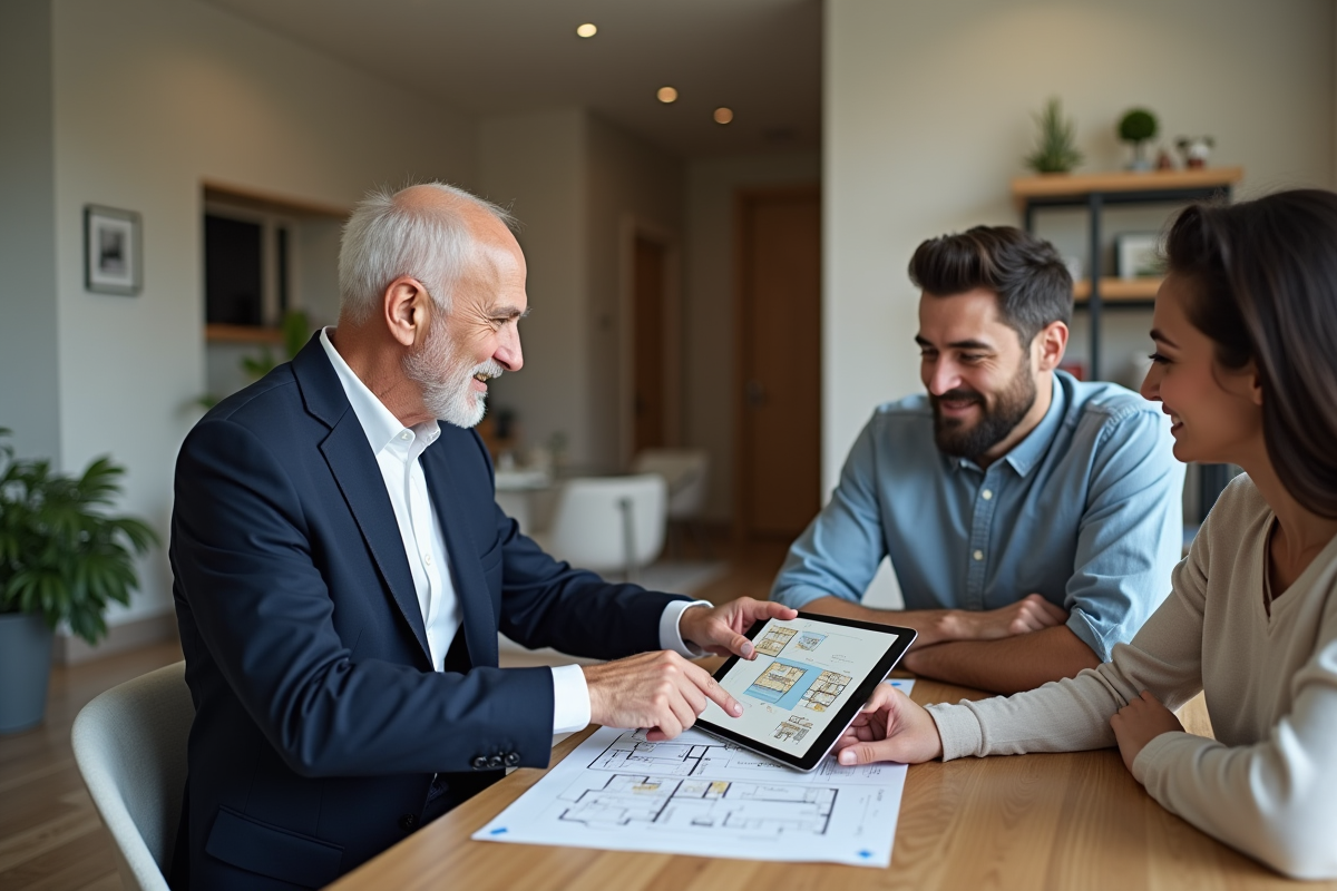 Agent immobilier montre un plan à un couple dans une maison lumineuse