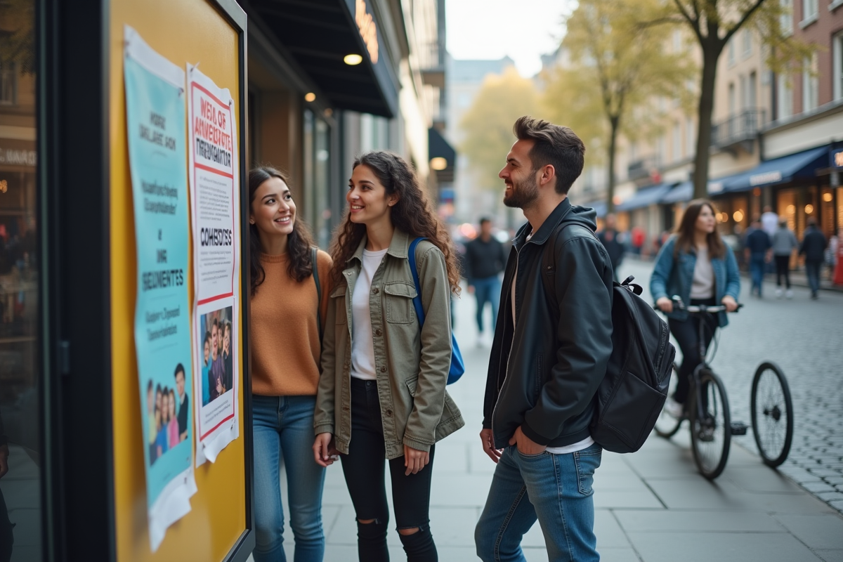 Trois amis regardant une affiche de sensibilisation
