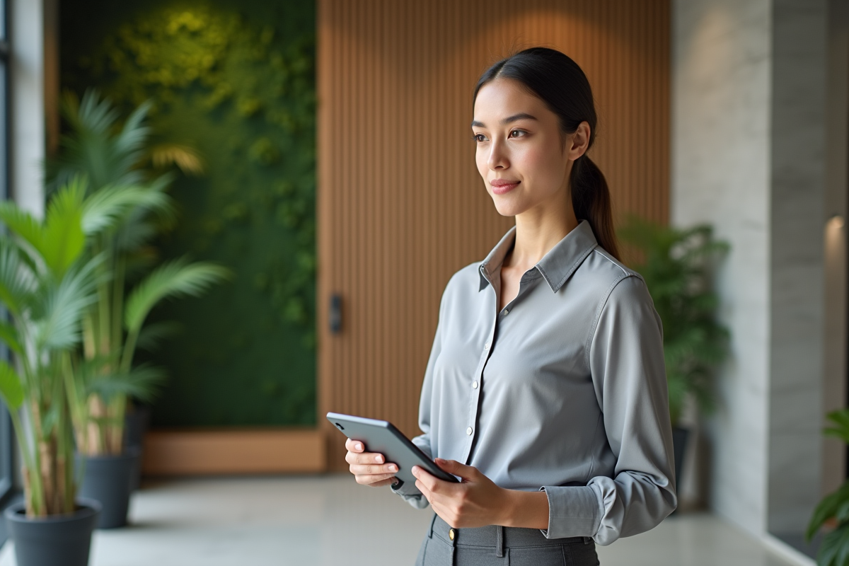 Jeune architecte examine plans dans un lobby moderne durable