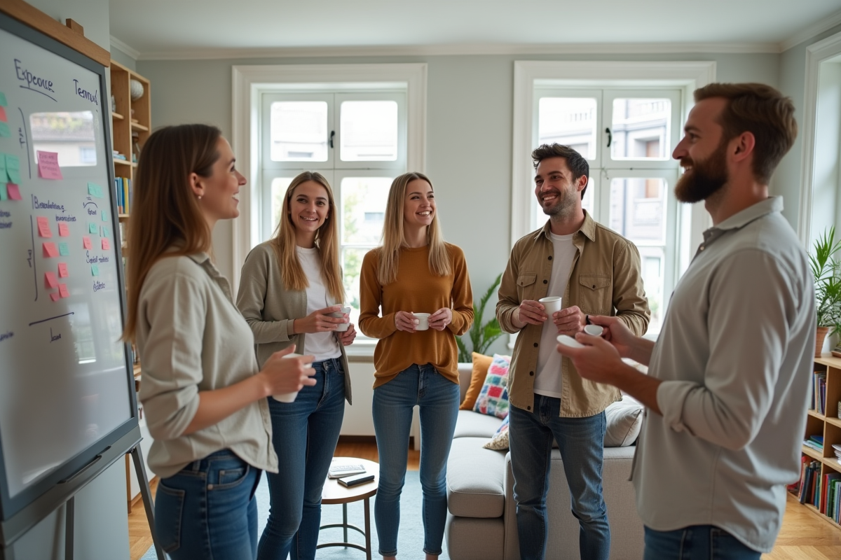 Quatre colocataires souriants notant des tâches sur un tableau blanc
