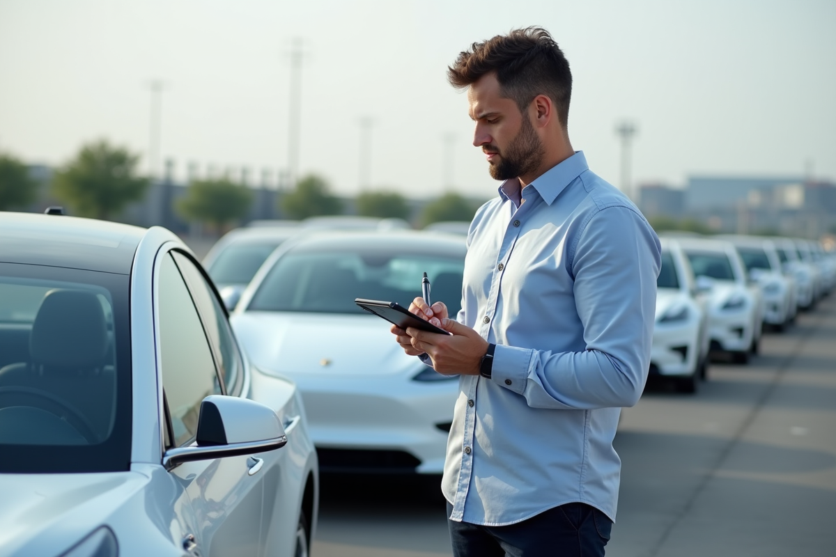 Ingénieur contrôlant une voiture électrique sur un circuit extérieur
