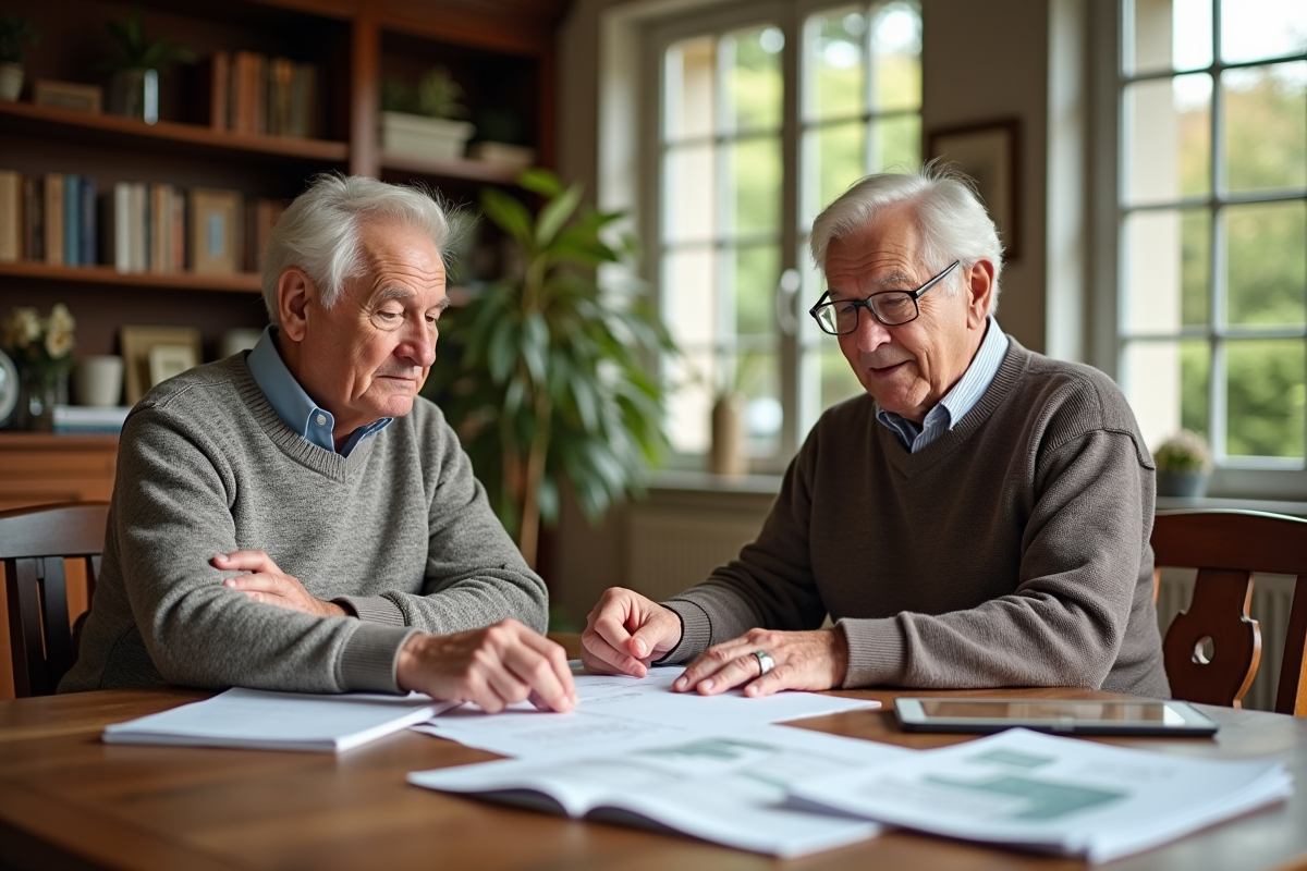 Couple âgé examinant des documents immobiliers dans un salon chaleureux