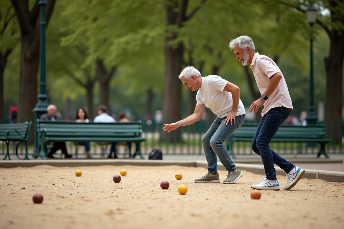 Couple jouant à la pétanque dans un parc parisien