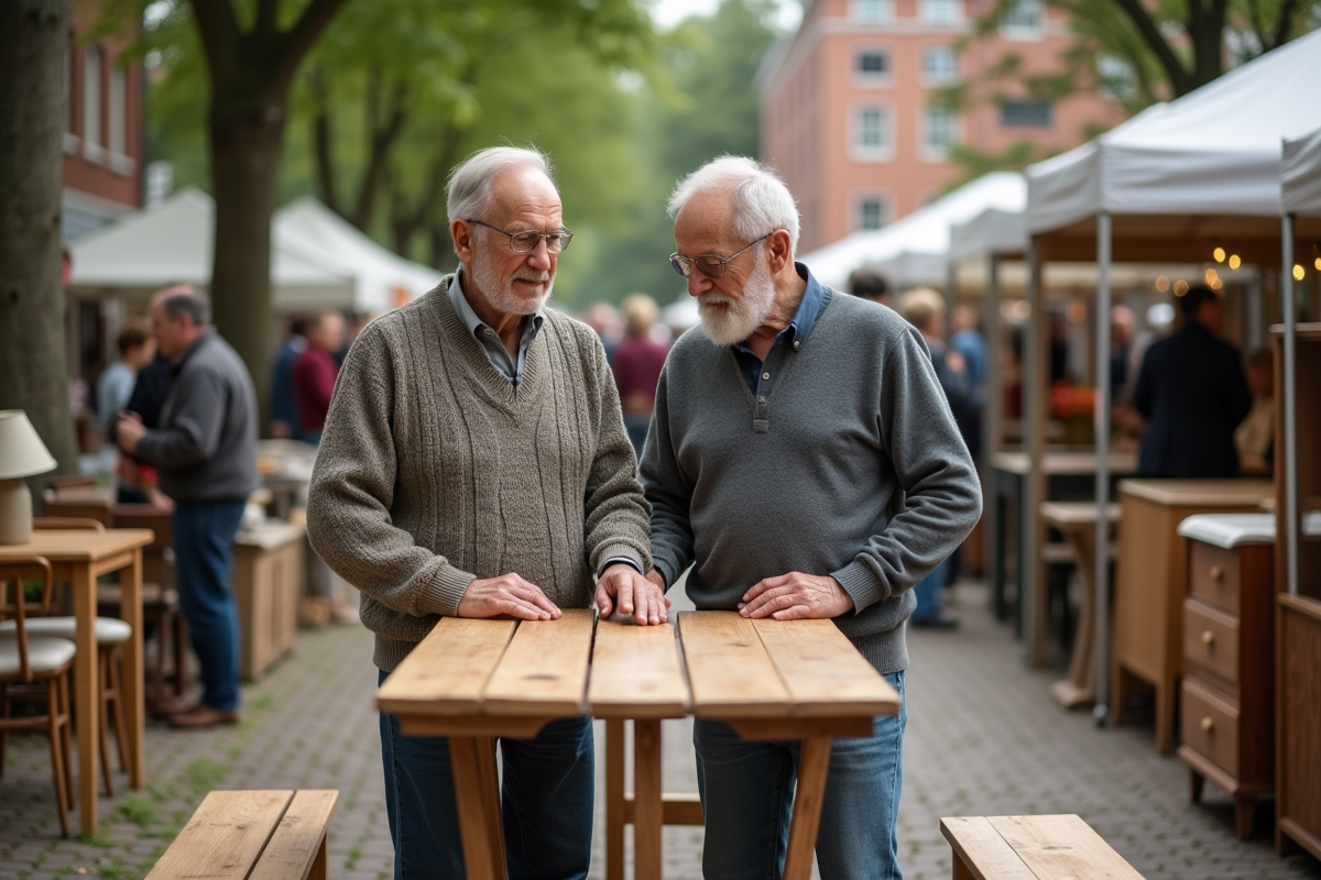 Vieux couple examinant une table en marché aux puces