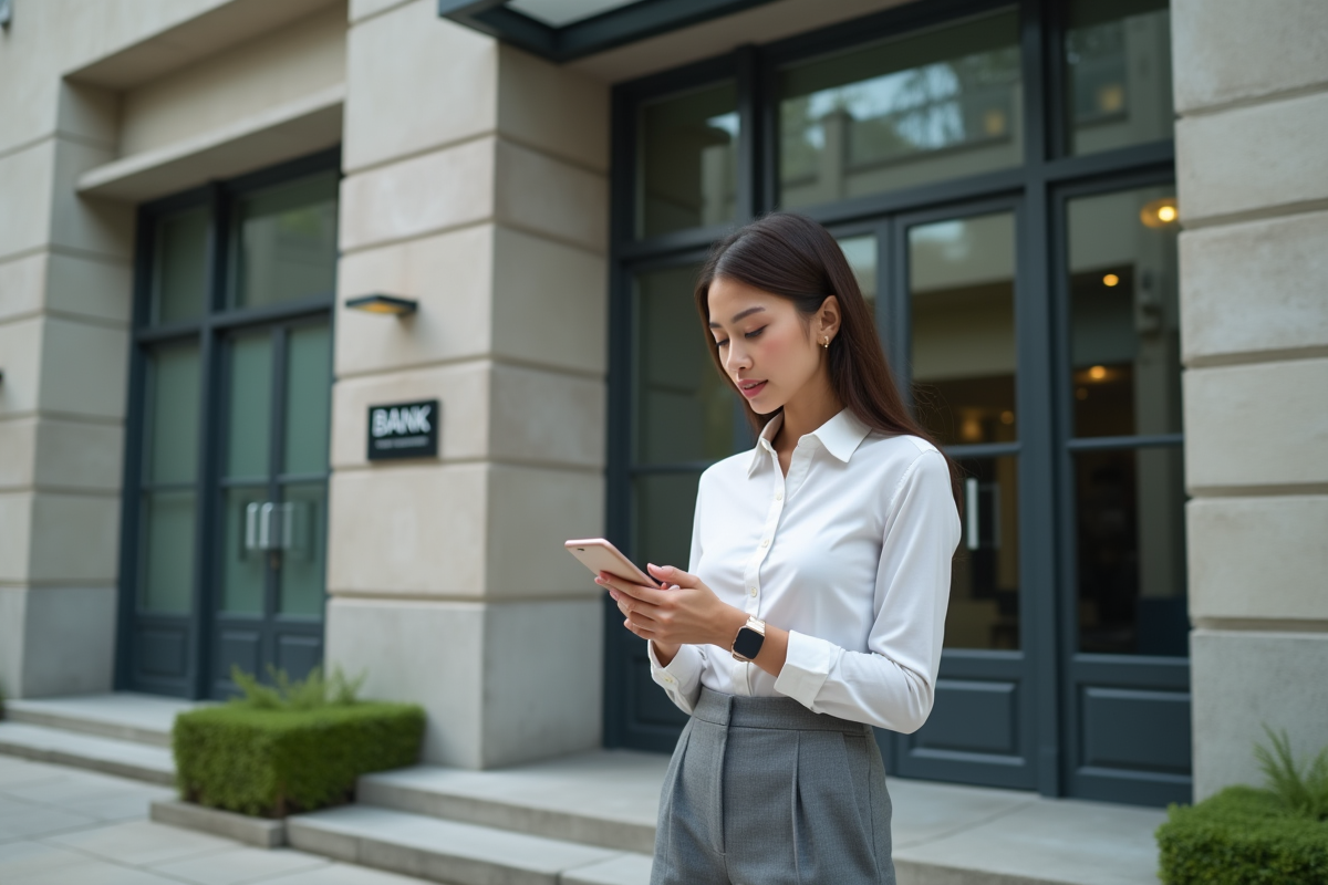 Jeune femme vérifiant son application bancaire devant un bâtiment
