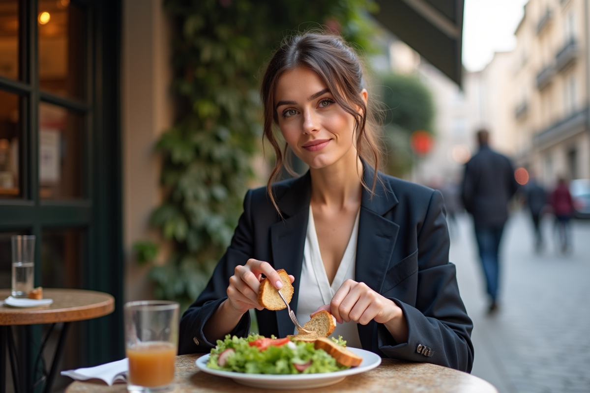 Jeune femme professionnelle mangeant une salade en extérieur