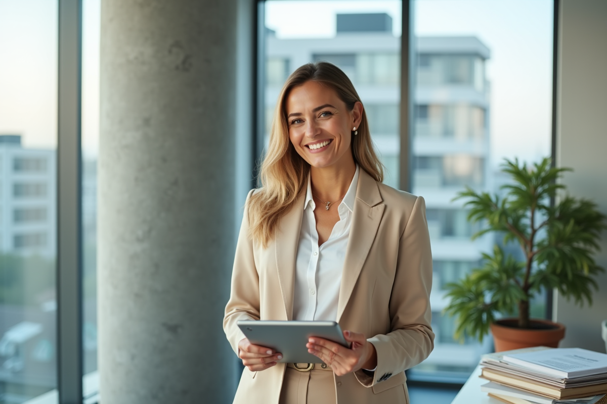 Femme tenant une tablette avec un contrat de location dans un bureau lumineux