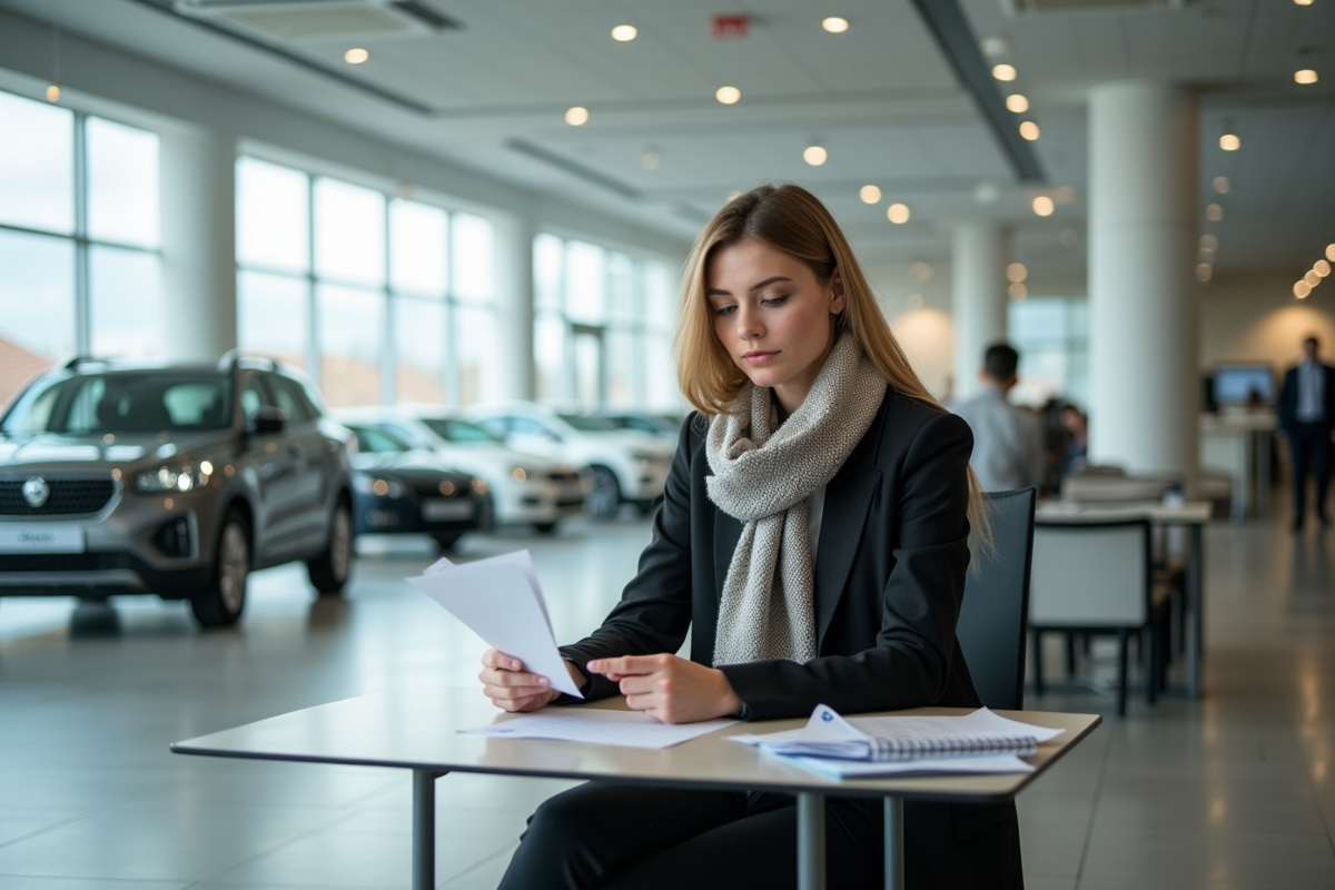 Jeune femme examinant des papiers dans un concessionnaire automobile