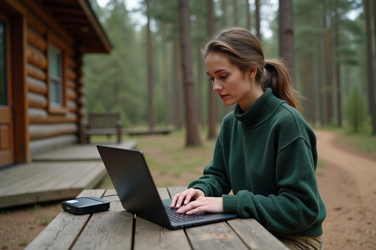 Femme dehors à une table de pique-nique utilisant un ordinateur portable