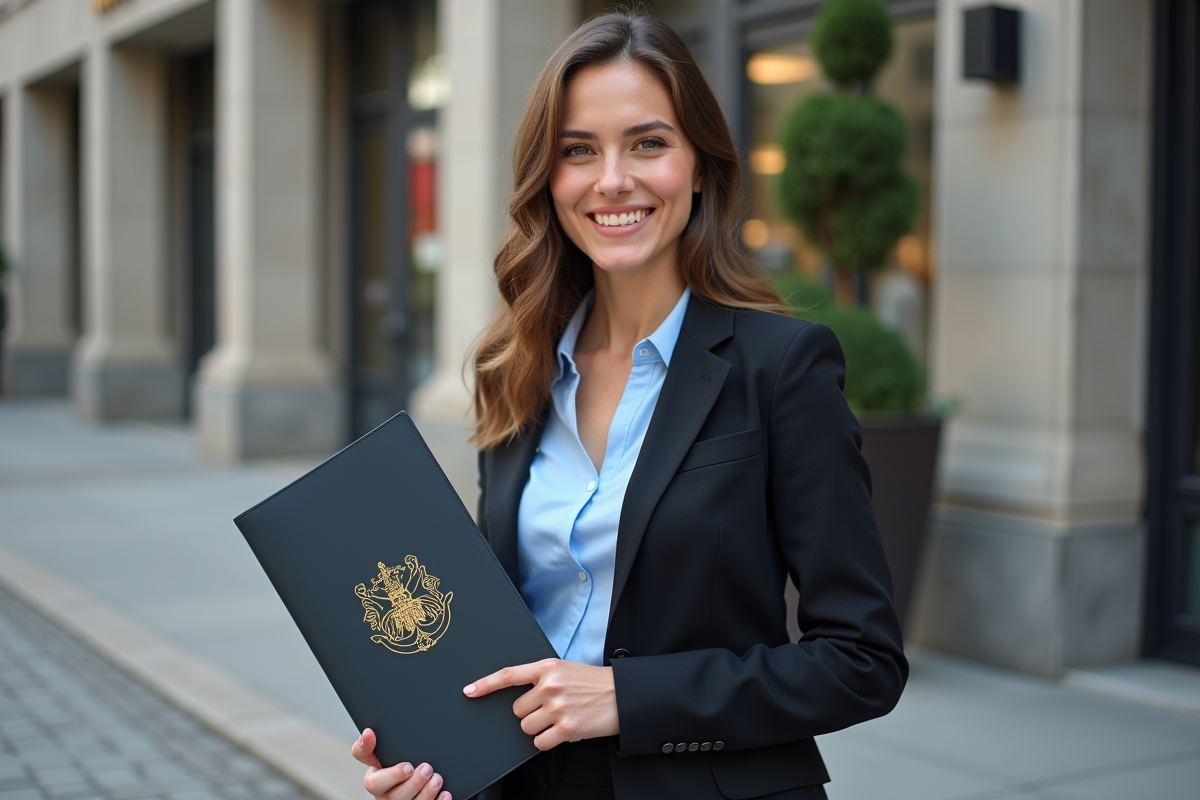Jeune femme souriante devant un bâtiment gouvernemental canadien