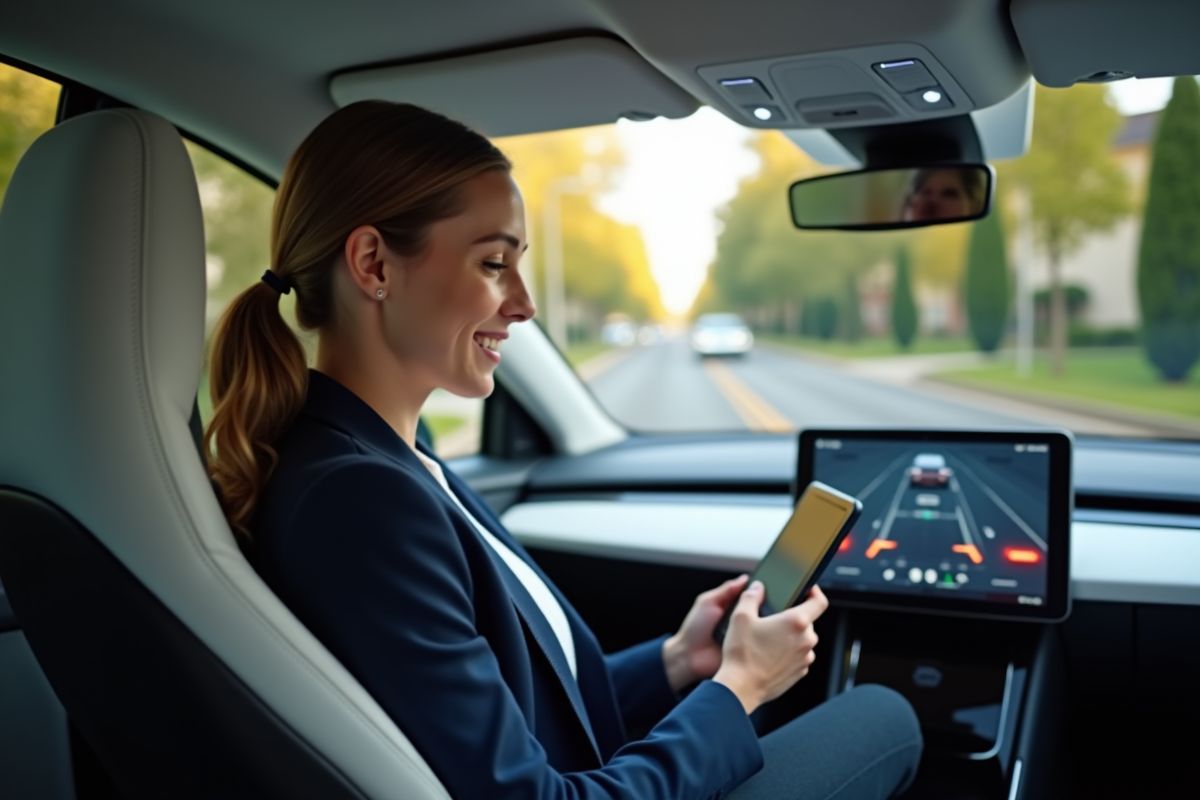 Femme souriante dans une voiture autonome en intérieur