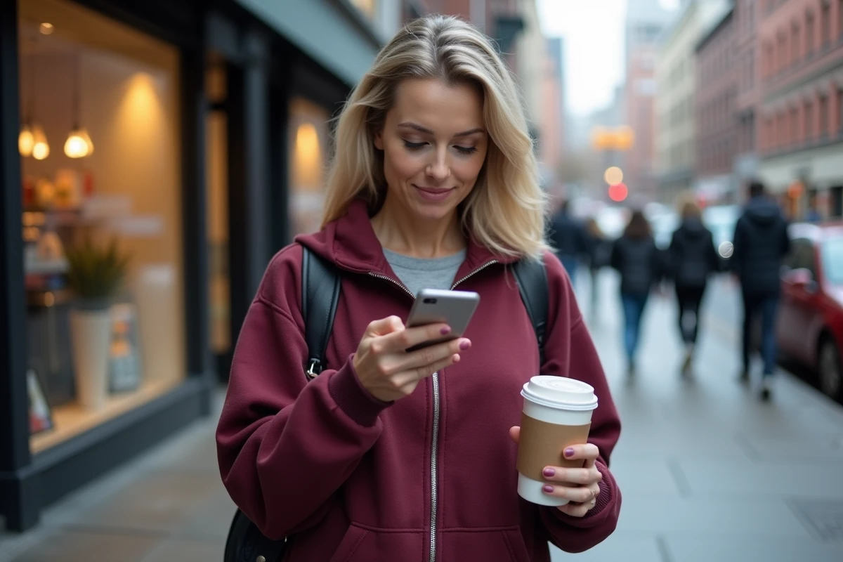 Femme cherchant à contacter le service client Sosh sur son smartphone en pleine rue