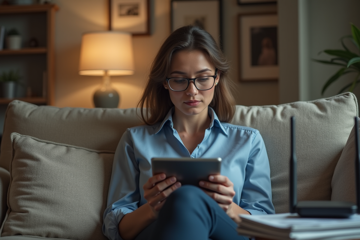 Femme regardant une vidéo sur une tablette dans le salon