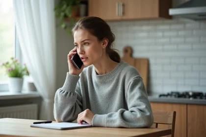 Femme patientant au téléphone pour contacter le service client Sosh depuis sa cuisine
