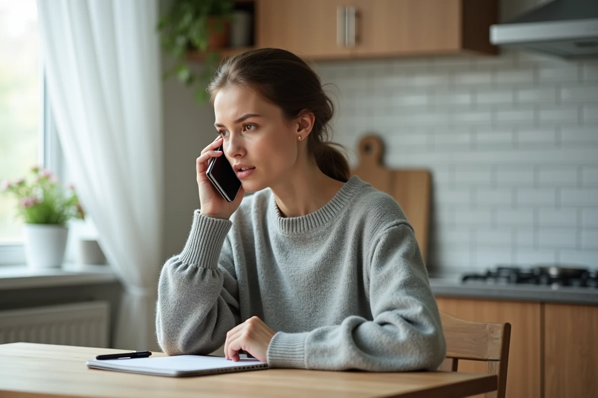Femme patientant au téléphone pour contacter le service client Sosh depuis sa cuisine