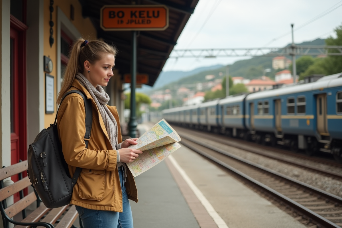 Femme voyageuse regardant une carte dans une gare ancienne