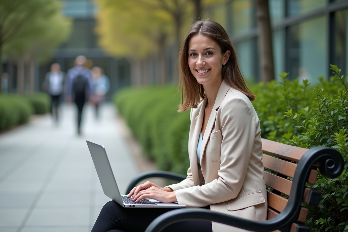 Femme travaillant sur son ordinateur en extérieur