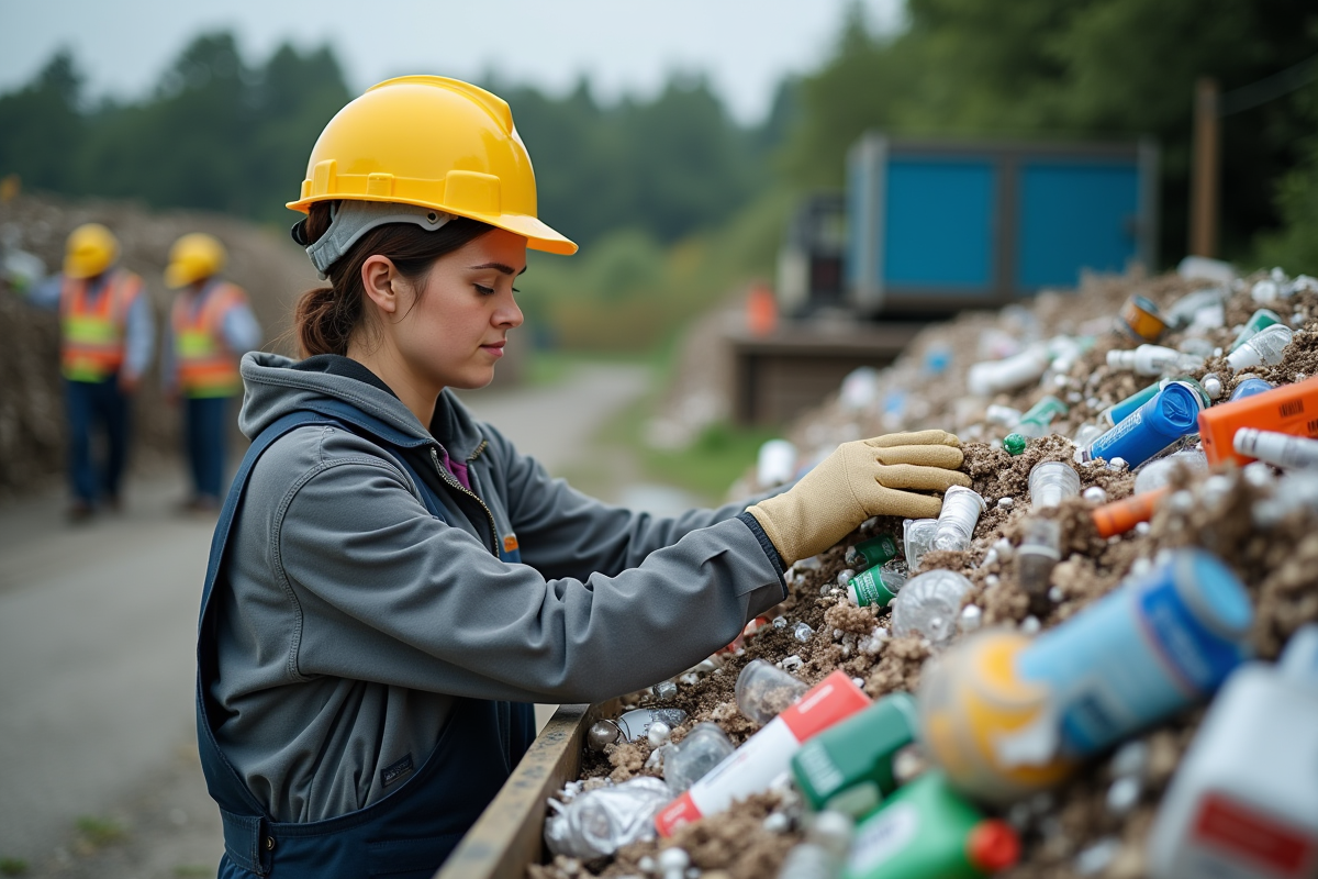 Jeune femme triant plastiques recyclables en extérieur