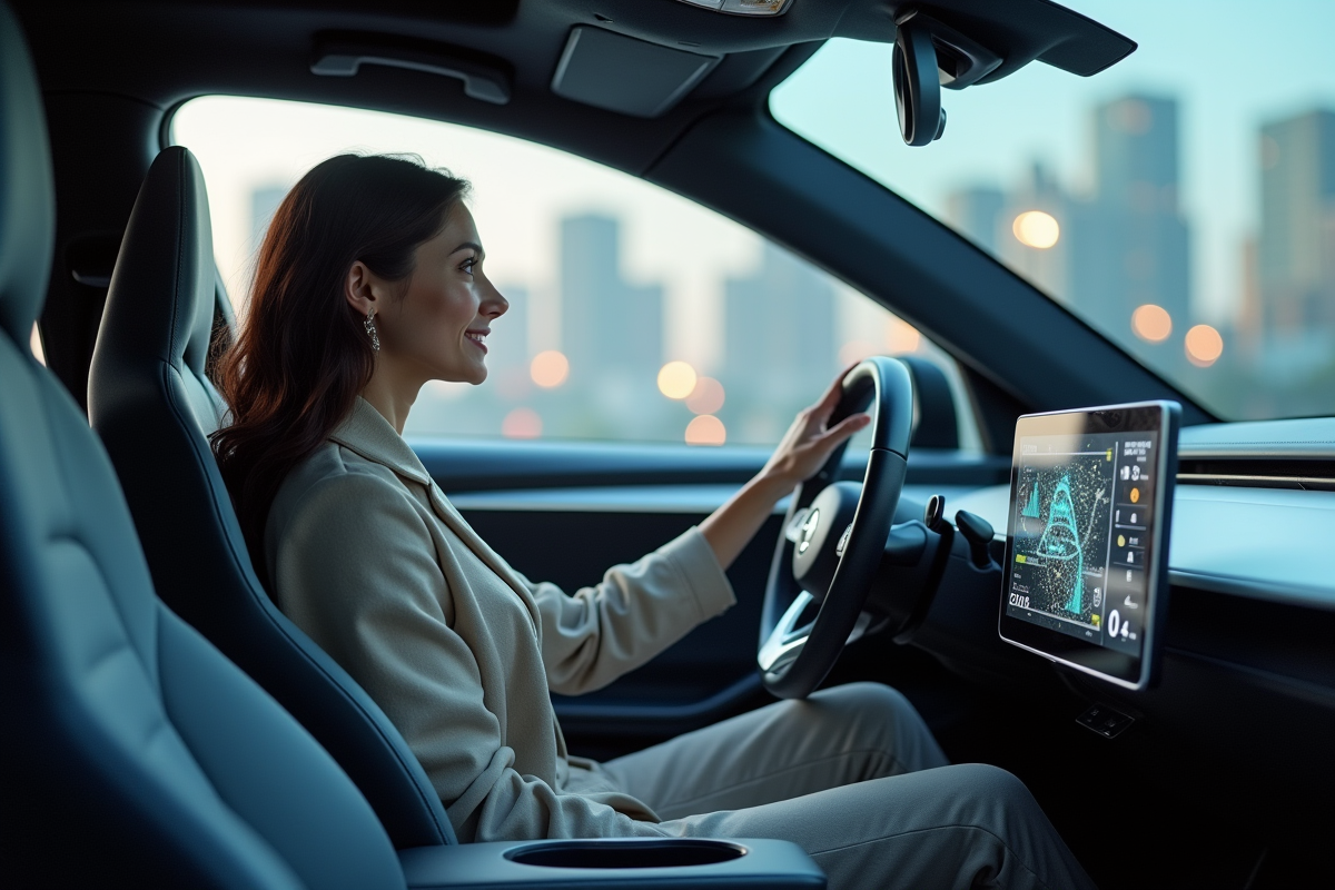 Jeune femme souriante dans une voiture futuriste à l’intérieur