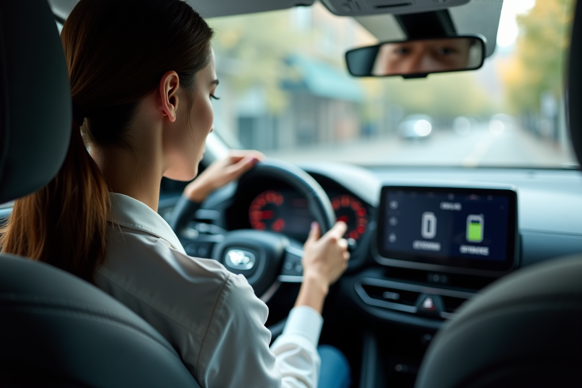 Jeune femme dans voiture hybride regardant le tableau de bord