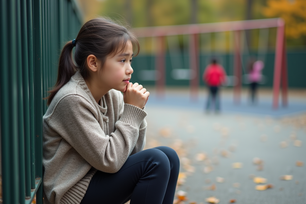 Fille de 13 ans assise sur le terrain de jeu en réflexion