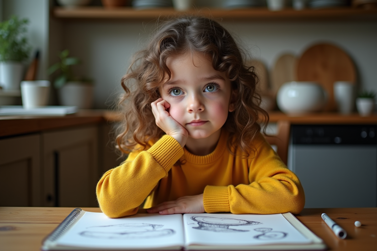Fille pensant à un dessin dans la cuisine familiale