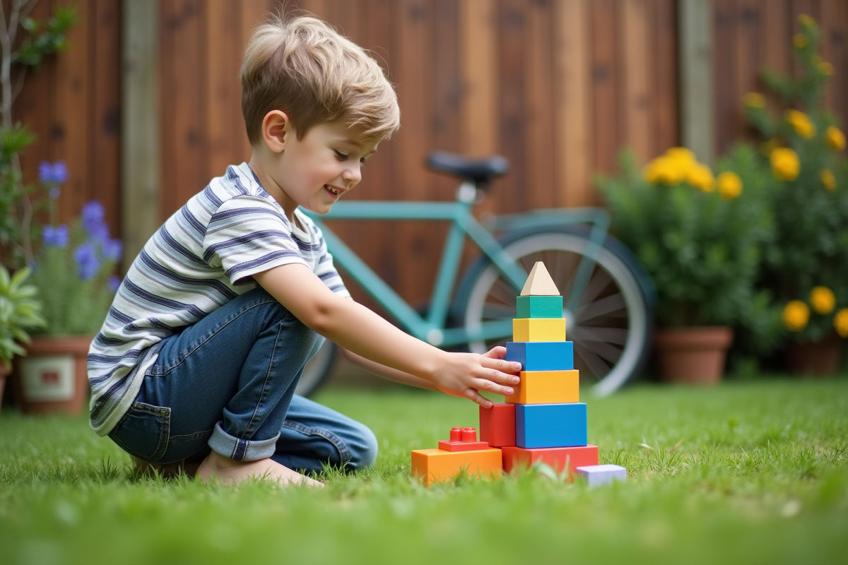 Garçon construisant une tour de blocs dans le jardin