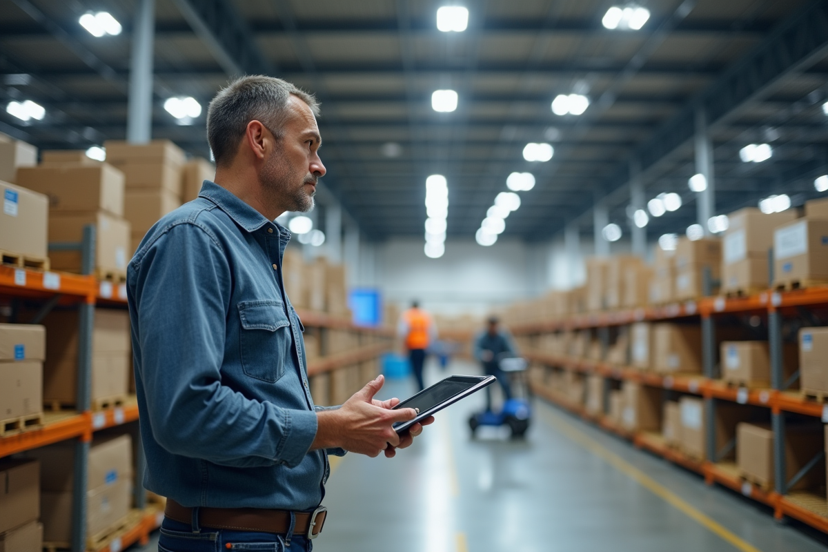 Manager logistique utilisant une tablette dans un centre de tri