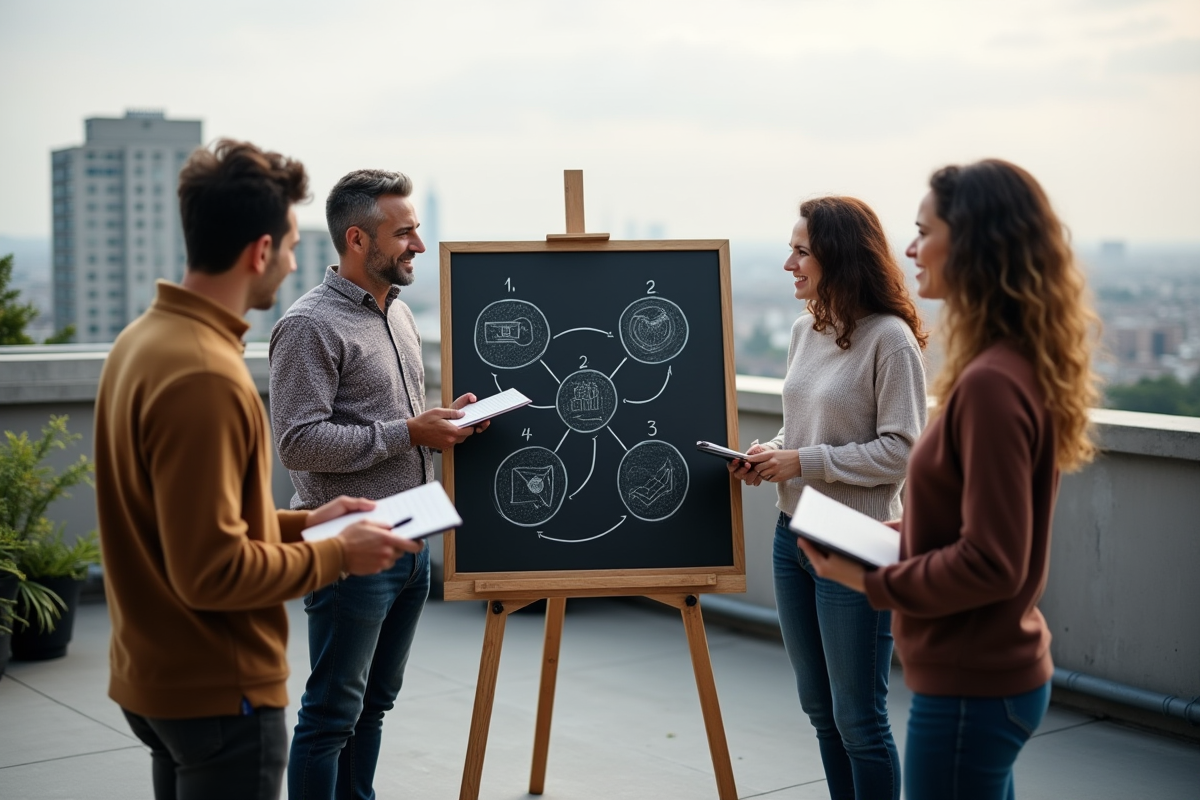 Groupe divers en planification sur terrasse urbaine