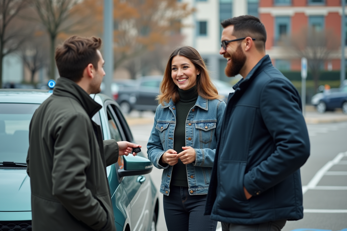 Groupe de jeunes professionnels autour d une voiture partagée