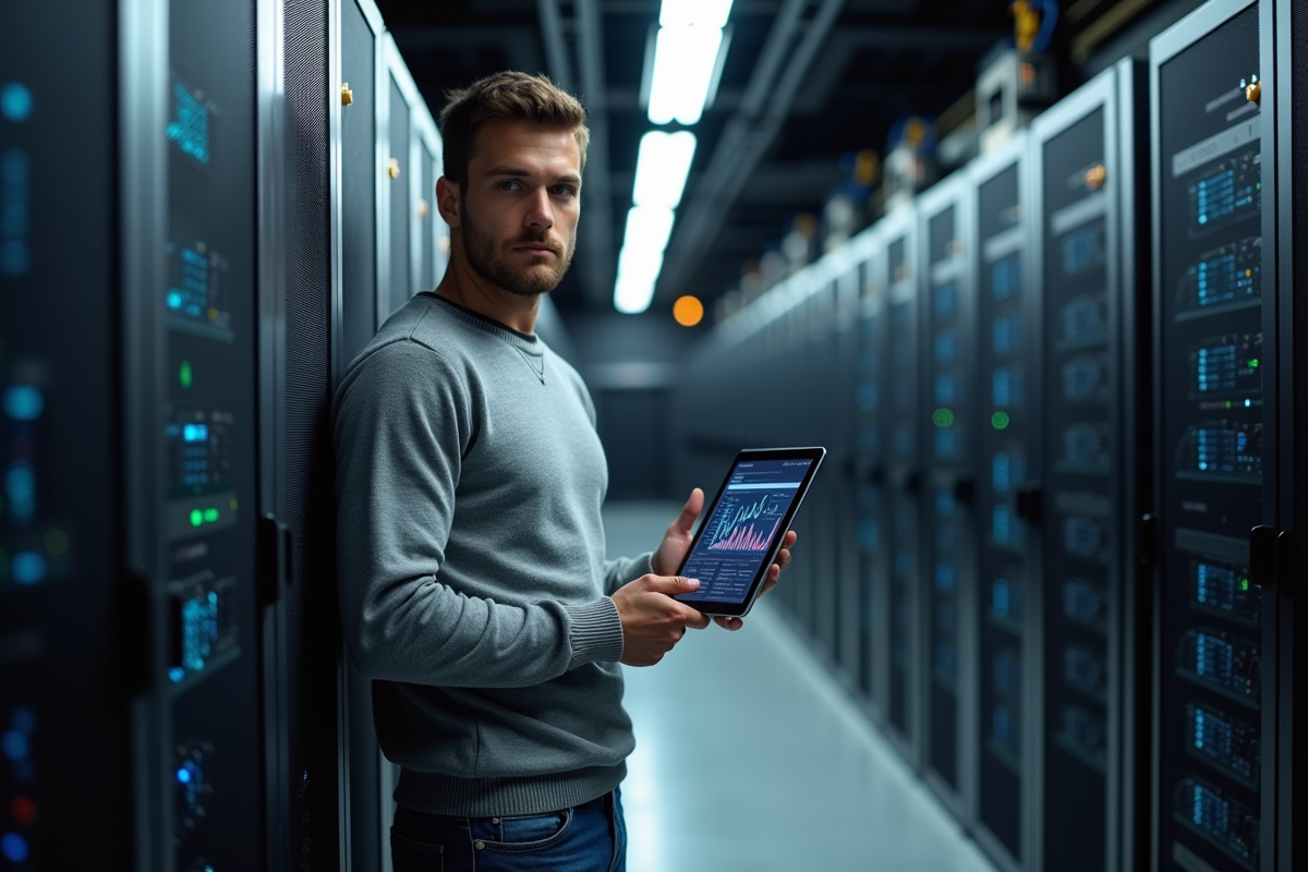 Homme analysant la sécurité dans une salle serveurs