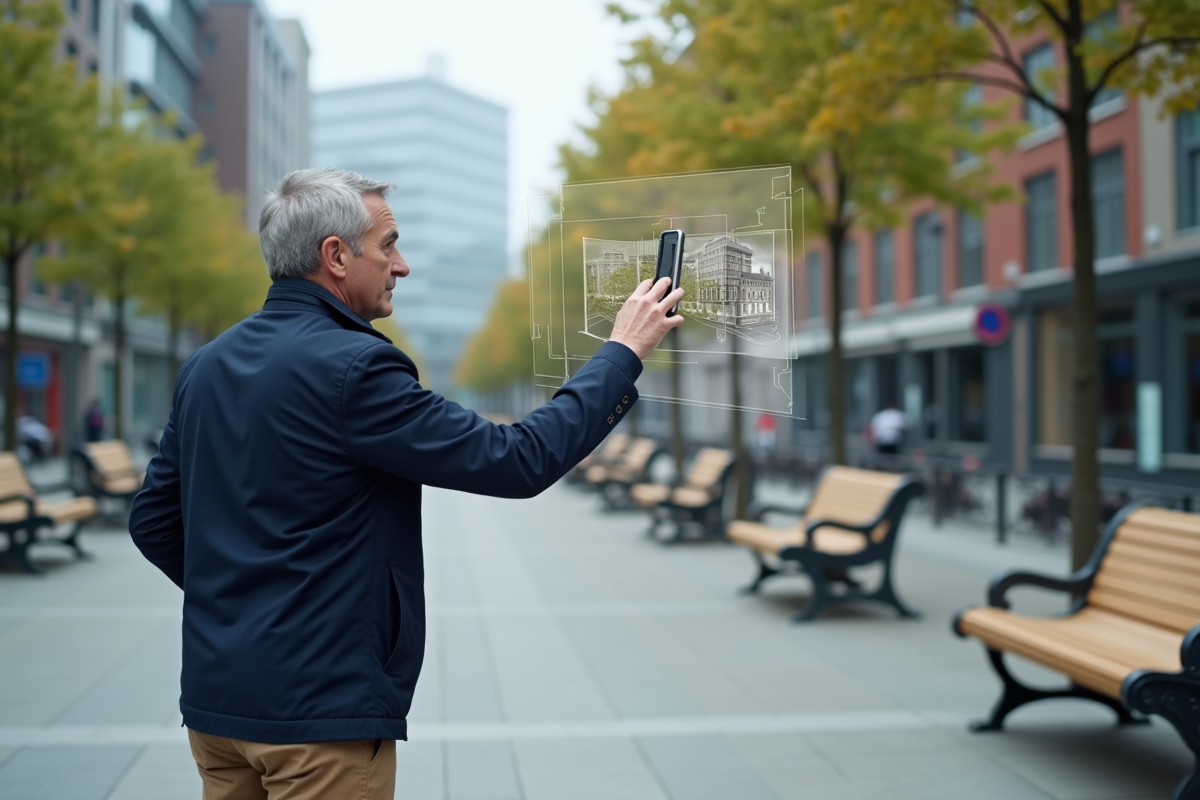 Homme examinant une superposition AR dans un espace urbain