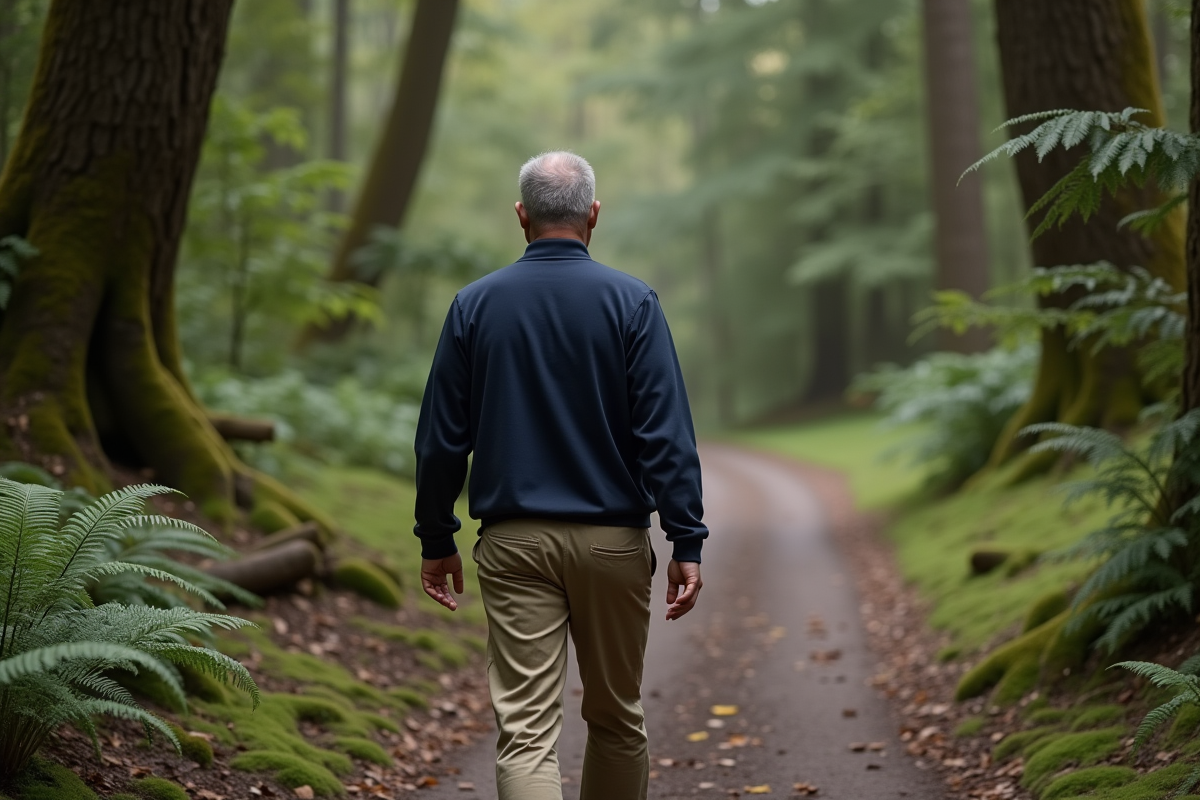 Homme marche seul dans une forêt calme et verdoyante