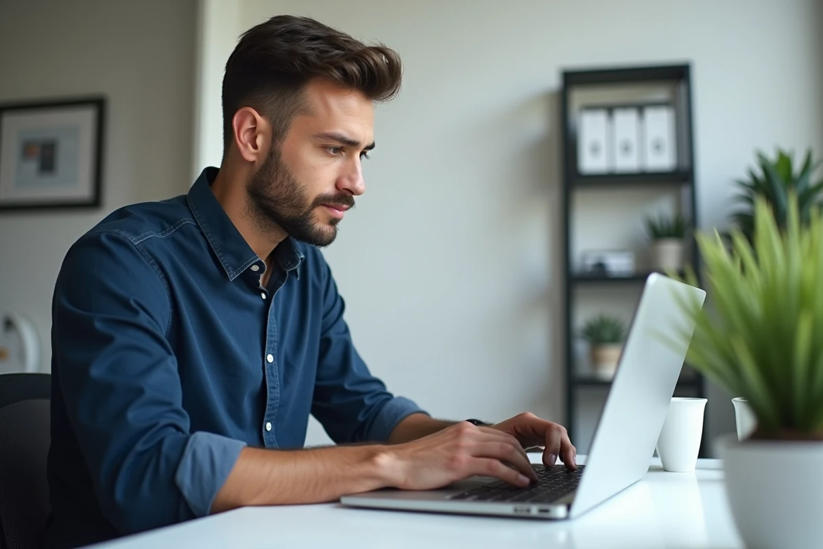 Homme utilisant un chat en ligne pour contacter le service client Sosh depuis son bureau à domicile