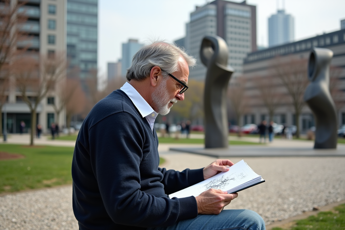 Homme dessinant une sculpture urbaine dans un parc d