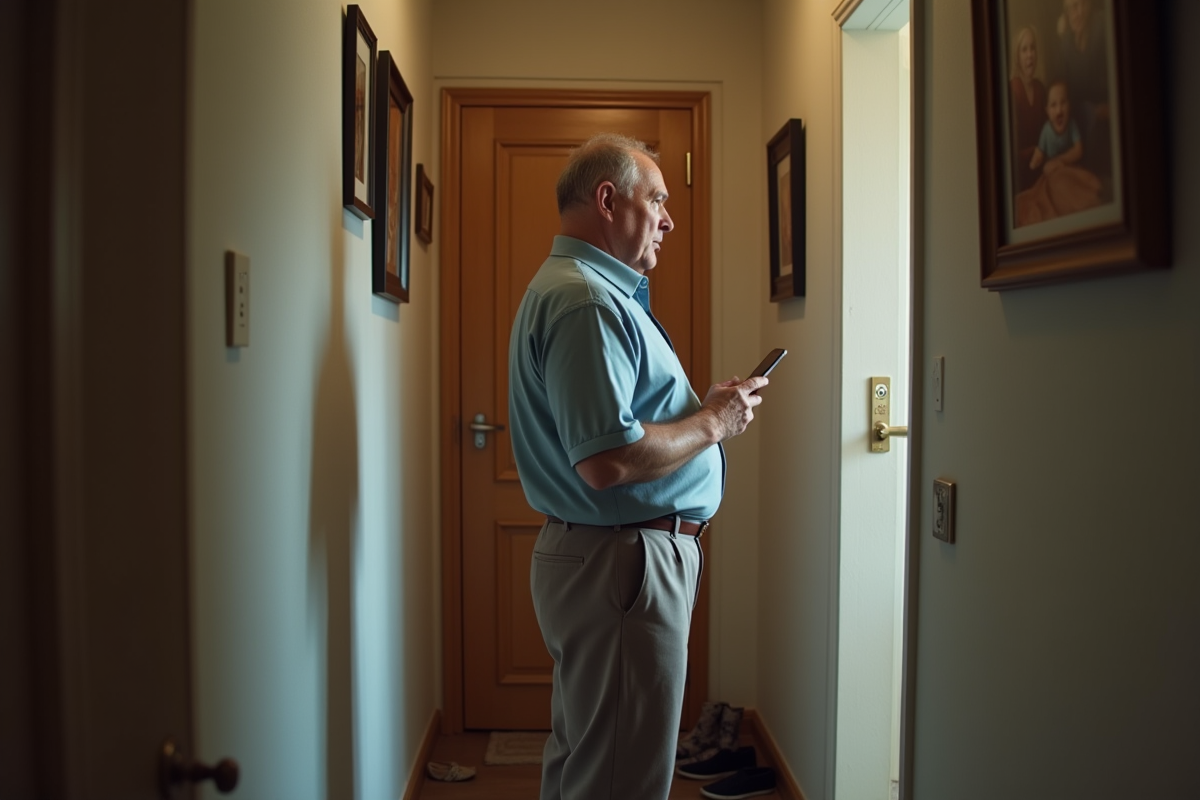 Homme regardant une photo de famille dans son appartement