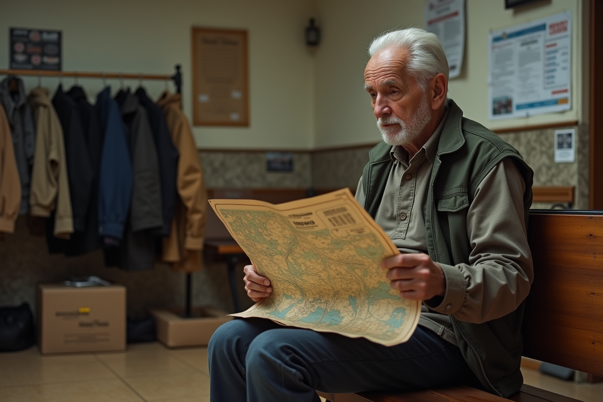 Homme âgé examinant une carte dans un centre communautaire