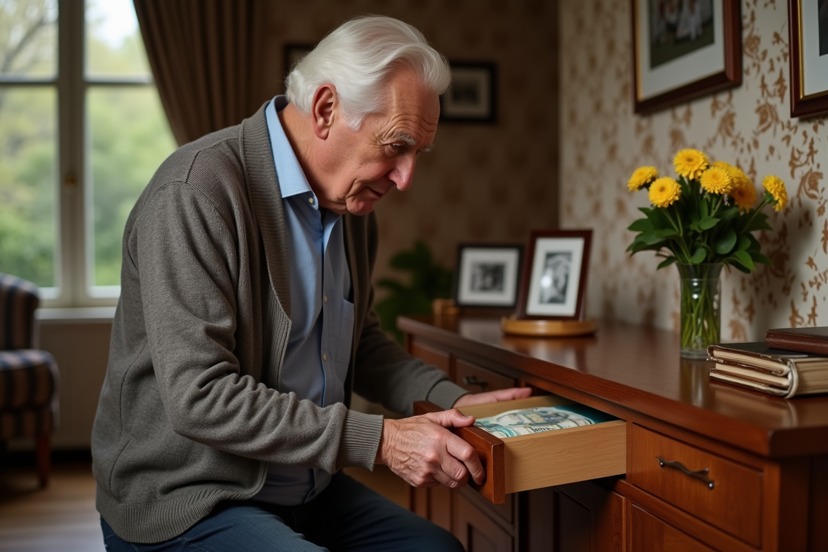 Homme âgé cachant de l