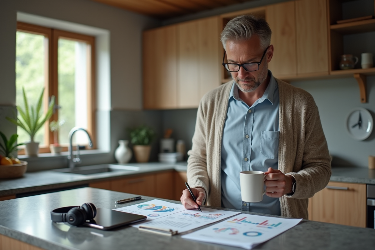 Homme étudiant des graphiques dans une cuisine lumineuse
