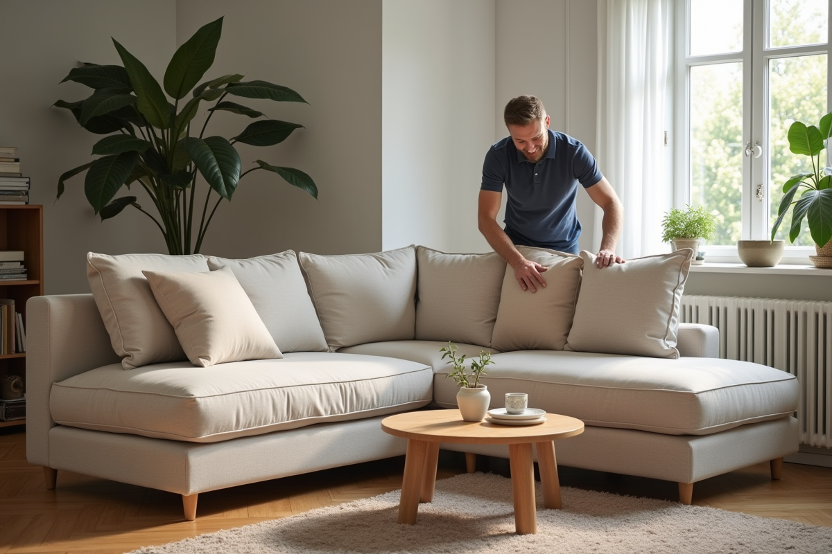 Homme arrangeant des coussins sur un canapé modulable