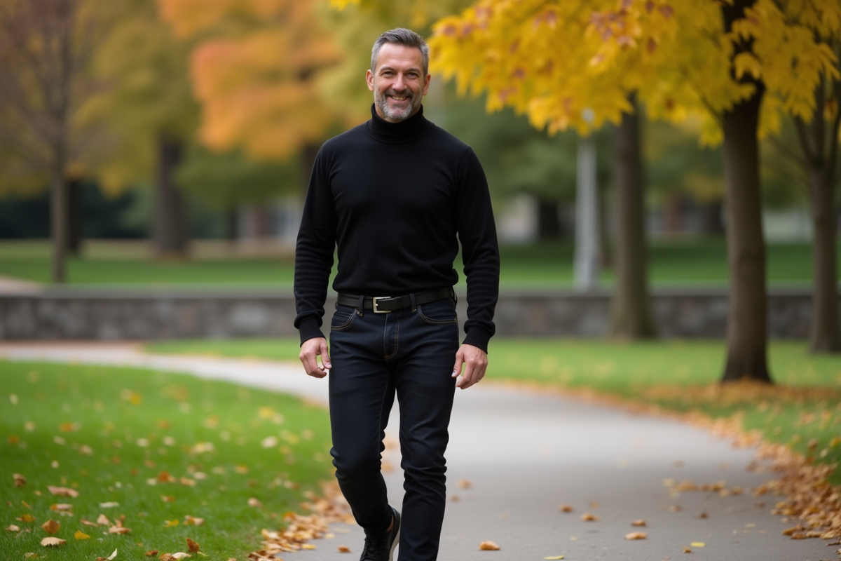 Homme en noir marche dans un parc automnal