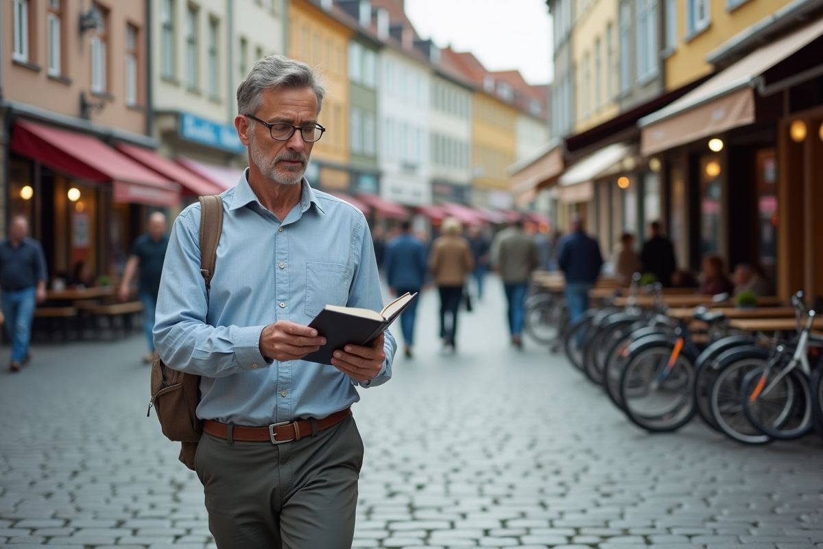 Homme explorant une place européenne avec un guide de langues nordiques