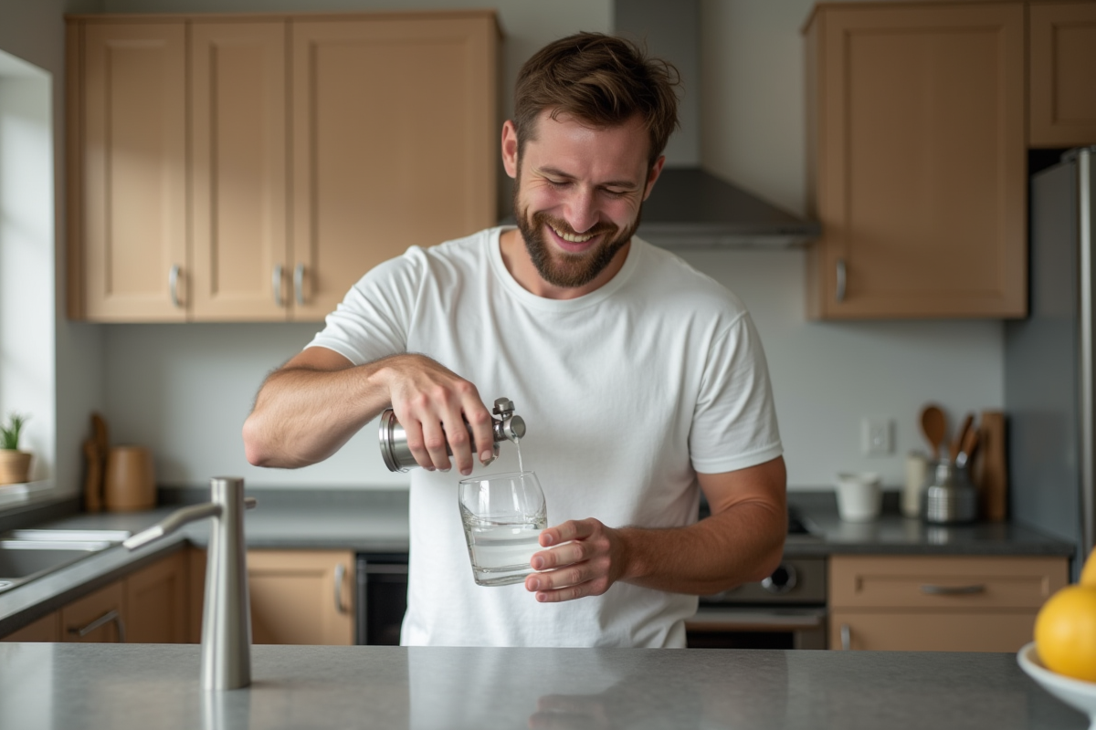 Homme versant poudre de magnésium dans un verre en cuisine