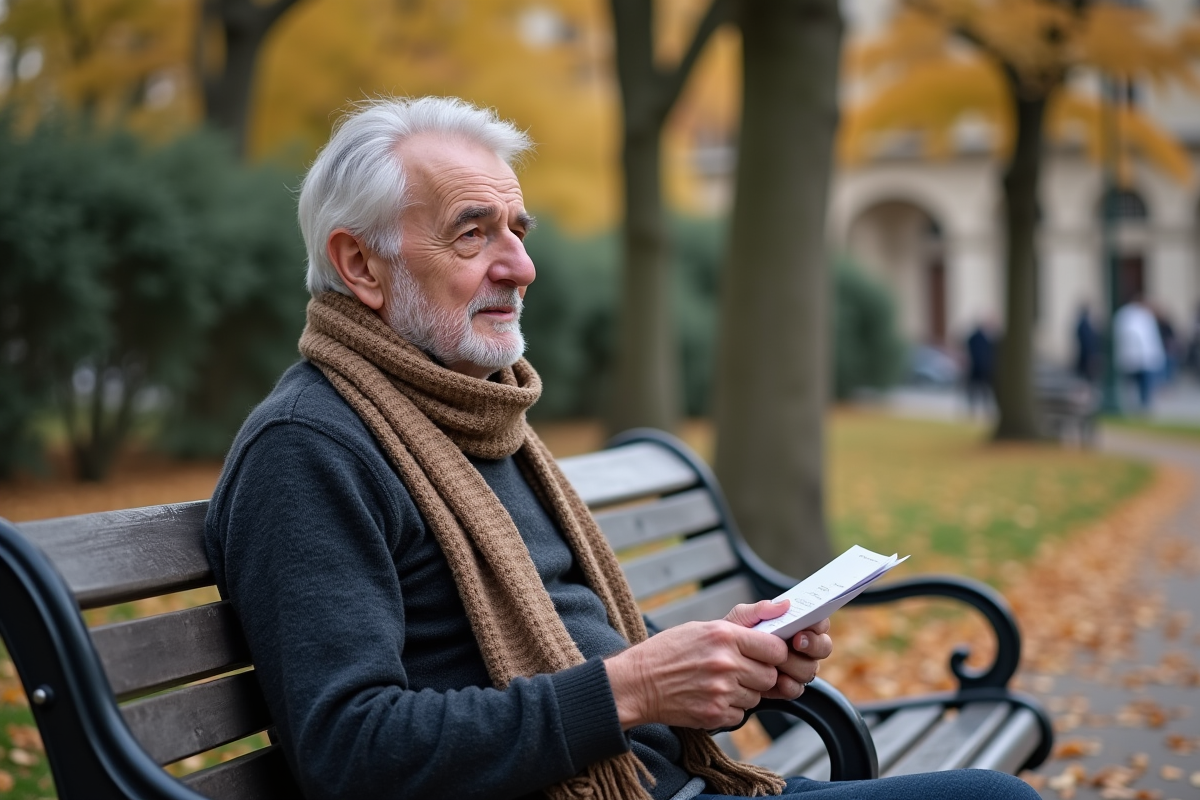 Homme français retraité dans un parc en automne
