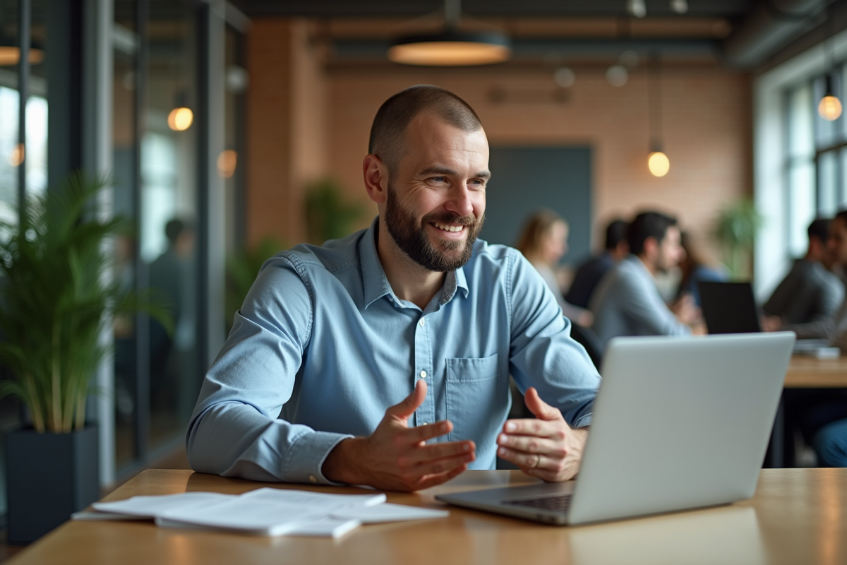 Homme en visioconference dans un espace de coworking urbain
