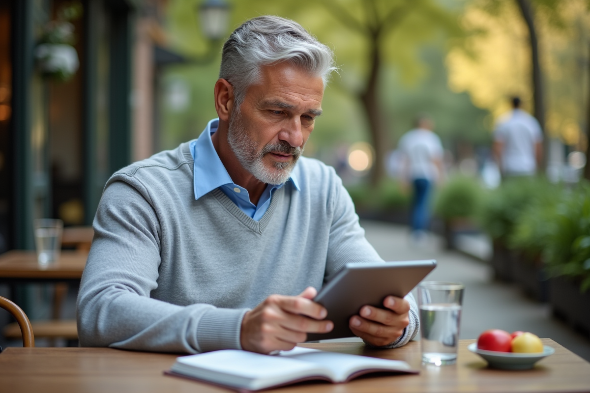 Homme d age lisant un guide alimentaire en extérieur dans un parc