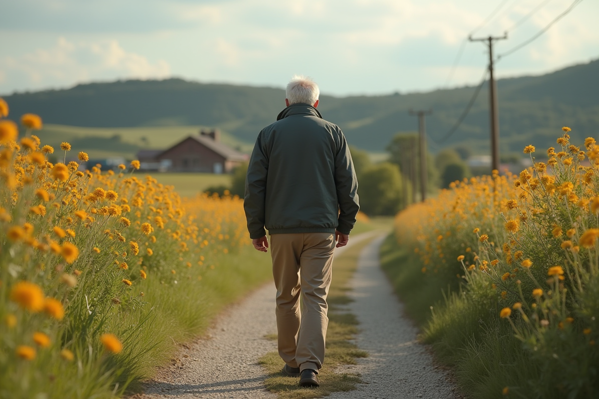 Homme senior marchant seul sur un sentier de campagne